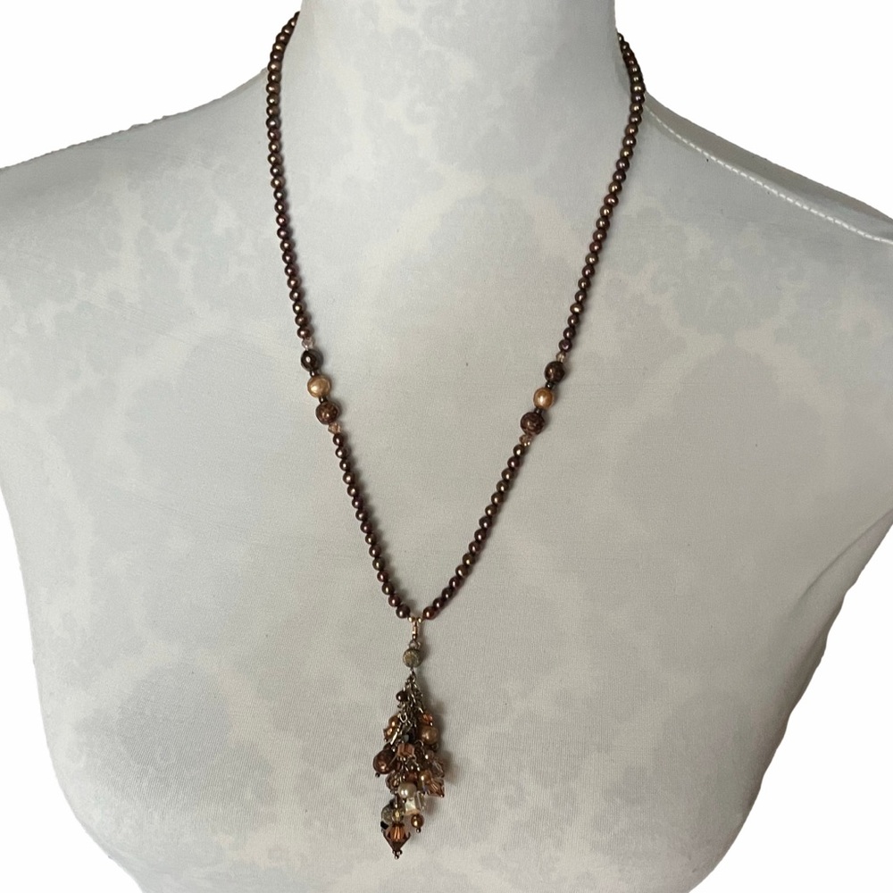 Bronze Pearl Beaded Necklace with Dangle Cluster Pendant